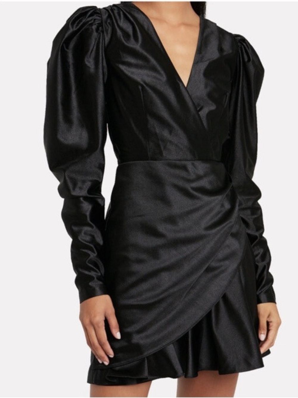 Black Satin Puff-Sleeve Wrap Mini Dress